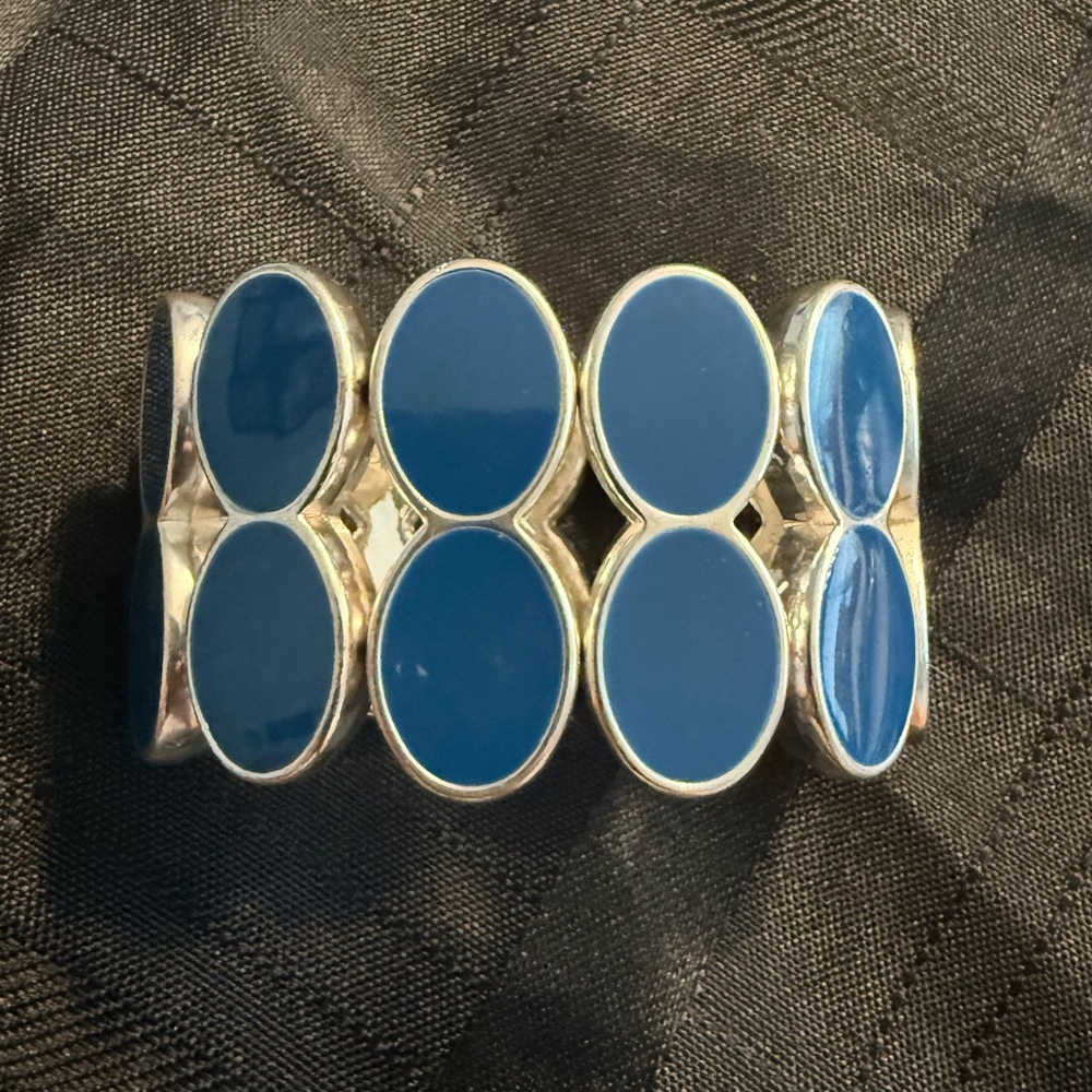 Silvertone Metal and Marine Blue Stretch Cuff Bracelet Lighter Weight Costume